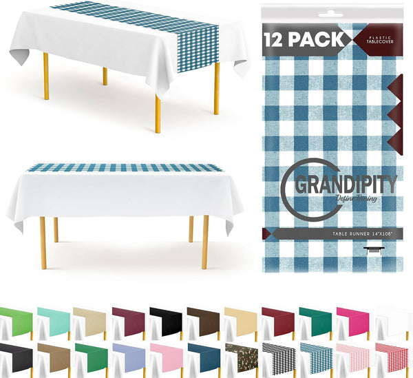 Blue Gingham 12 Pack Checkered Premium Disposable Plastic Table Runner 14 x
