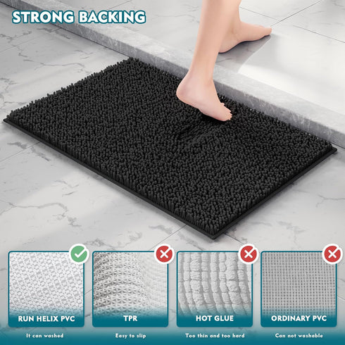 Black Bathroom Rugs Non-Slip Chenille Mat Set 3 Pieces Ultra Soft Absorbent Bath Carpet