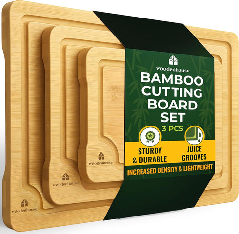 Set of 3 Bamboo Cutting Boards for Kitchen - Thick & Durable