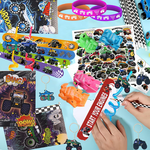 CZWXOXO 122PCS Set, Monster Truck Party Favors Jam Birthday Decorations Including Theme Slap Bracelets, Keychains, Gift