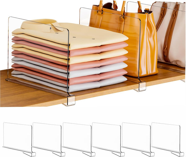 Clear Acrylic Shelf Dividers for Closet Organization - 6 Pack Closet Shelf