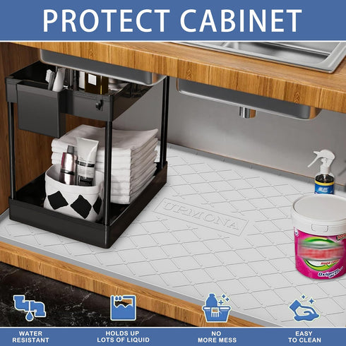Under Sink Mat for Kitchen, Waterproof 37" x 22" Silicone Mat for Cabinet Sink Protector and Organizer