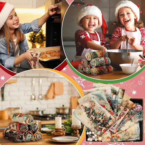 VitalCozy 12 14.2 21.3 Inch Pcs Christmas Kitchen Towels and Dishcloths Xmas Santa Christmas Tree Reindeer Snowman