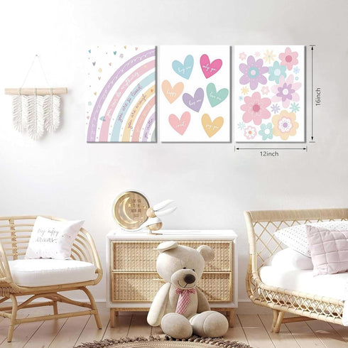 3 12x16in Pieces Nursery Boho Wall Art, Framed Cartoon Rainbow Canvas Prints, Colorful Heart Wall Decor, Cute Flower