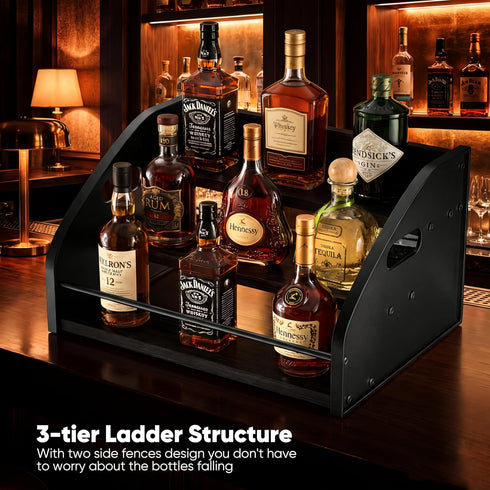 Countertop (3-Tier) Liquor Bottle Organizer Shelf Rustic Display Rack for Wine & Coffee Syrups, Freestanding Bar