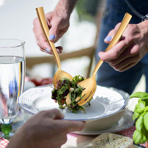 LIANYU 2 Gold Serving Spoons, 2 Gold Slotted Spoons, 2 Gold Serving Forks, 8.6 Inch Stainless Steel for Buffet Catering