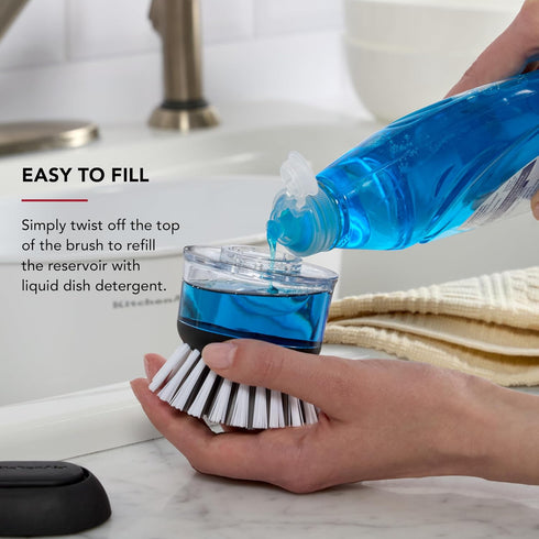 2.95 2.17 3.54 inches, KitchenAid Soap Dispensing Palm Brush with Built in Easy to Fill Soap Dispenser, Non Slip Grip