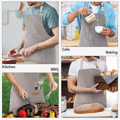 NLUS 2 Pack Cooking Aprons for Women with Pockets, Adjustable Kitchen Bib Aprons (Brown Pinstripes)