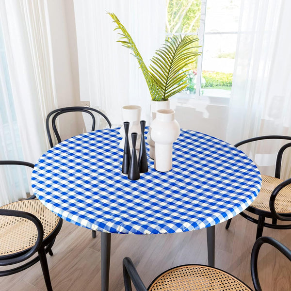 Sorfey Round Tablecloth, Fitted with Elastic, Vinyl with Flannel Back, Fits 60 Inches Round Table, Checked Blue Design