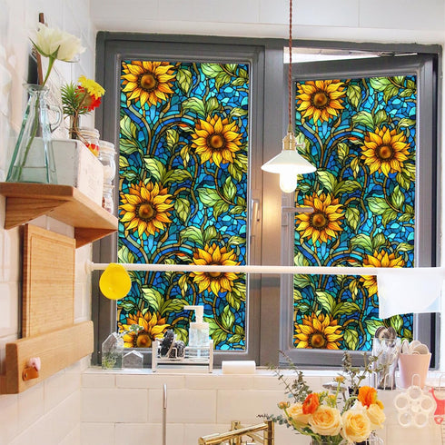 Sunflower Stained Glass Window Film,Non Adhesive Privacy Film,Stained Glass Window Film for Bathroom Shower Door Heat Anti UV 17.7"x39.5"