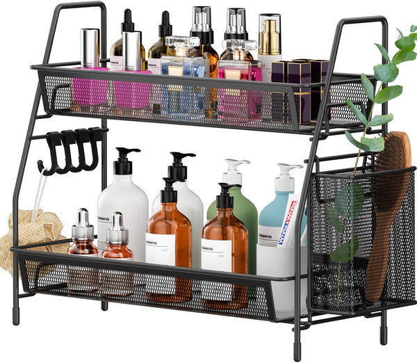 VITVITI 2-Tier Black Bathroom Counter Organizer, Metal Wire Mesh Storage with Basket Hooks, Vanity Tray Shelf