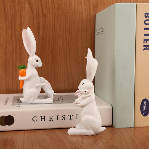 2Pcs 5.5 Inch Easter Bunny Decorations - White Resin Easter Rabbits with Carrot, Decorative Bunnies Mom with Kids