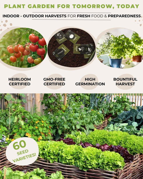 60 Tactiko Survival Medicinal & Survival Seed Kit Heirloom Non-GMO USA Grown Seeds for Vegetables, Herbs & Edible