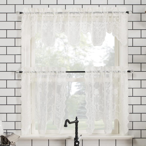No. 918 Alison Floral Lace Sheer Rod Pocket Kitchen Curtain Tier Pair, 58" x 36", Ivory Color