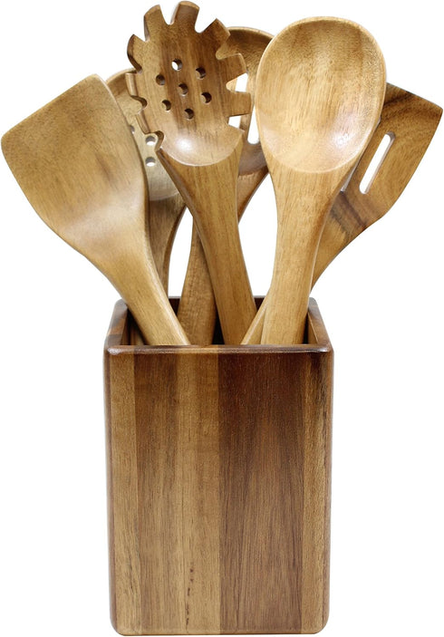 Tablecraft Elements Collection Utensil Set with Holder, 5" x 6.5" x 11.5", Marble/Acacia