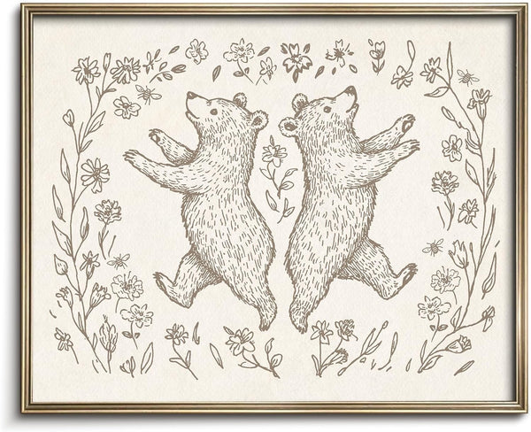 Vodefoad Bear Sketch Vintage Wall Art Retro Nursery Cheerful Bear Art Print