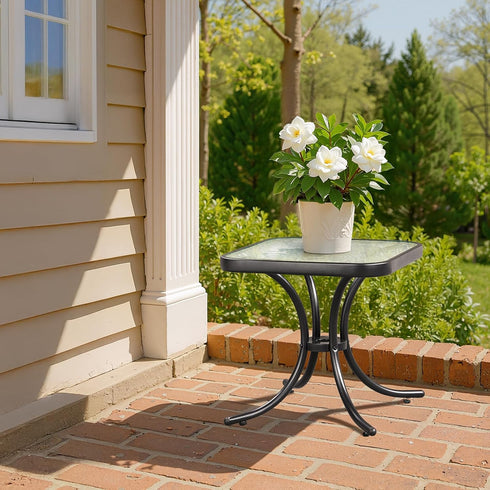18" VINGLI Outdoor Side Table, Patio Table Steel Frame Tempered Glass Top, Weatherproof Small Tables for Balcony Garden