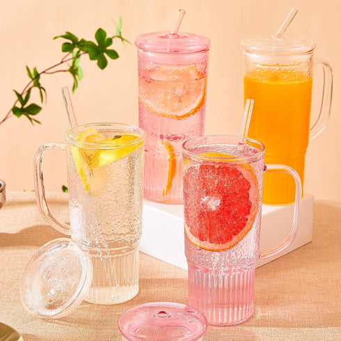 JunVpic Straws,24oz Glass Cups with Lids and Glass Tumbler with Handle Iced Coffee Cup