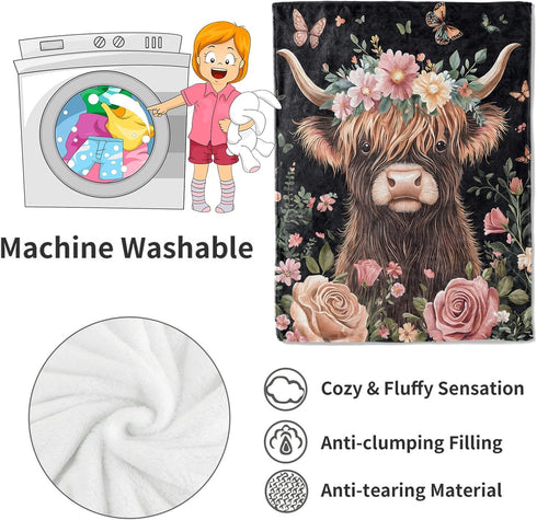 60x80in Highland Cow Blanket Cute Cattle with Floral Crown Throw Blankets,Gifts for Kids Adult Women Men,Lightweight