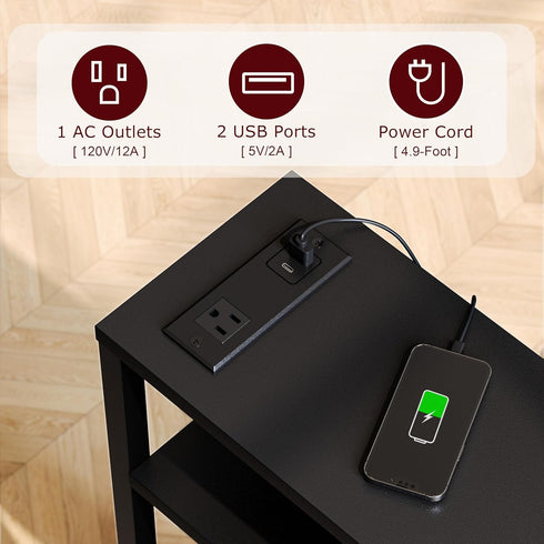 3 LET503BE Narrow Side Table with Charging Station, Slim End Table with Magazine Rack, Bedside Table for Small Spaces