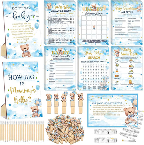 Funnymoom 426 Pcs Blue Theme Bear Baby Shower Decorations Games Set-8 Games Includes