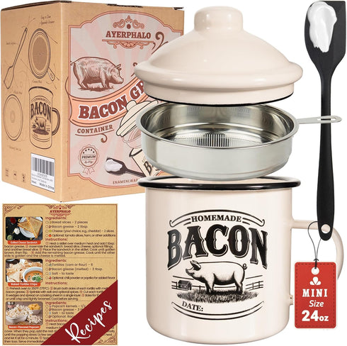 Bacon Grease Container with Strainer - 24oz Enamel Rustic Farmhouse Fat Keeper with Food-Grade Silicone Spatula