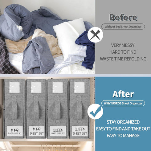 YUOROS 4 Pack Foldable Bed Sheet Set Organizer, King Size Duvet Covers and Pillowcases, Linen Closet Storage for Bedding