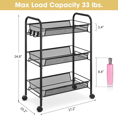 3-Tier 3 TOOLF Metal Rolling Cart, Mesh Wire Easy Assemble Utility Cart, Storage Trolley on Wheels with Hooks
