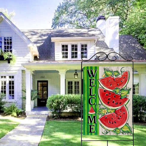 Welcome Summer Watermelon 28 x 40 House Flag, Double Sided; Farmhouse Green Stripes Garden Yard Decoration, Rustic