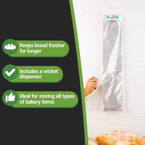 Restaurantware 28 Inch x 6 Inch Bread Bags, 250 Micro Perforated Clear Plastic Baguette Bags with Wicket Dispenser
