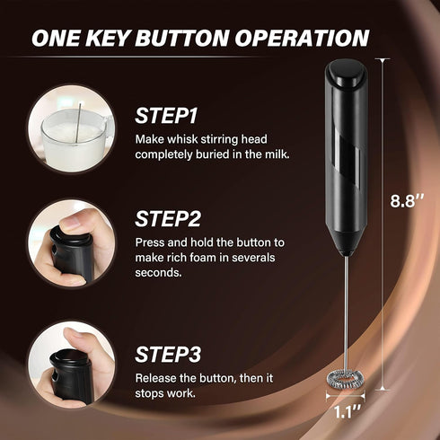 Simple Deluxe Handheld Milk Frother, Battery-Operated Mixer with Stainless Steel Stand for Coffee, Frappe, Black