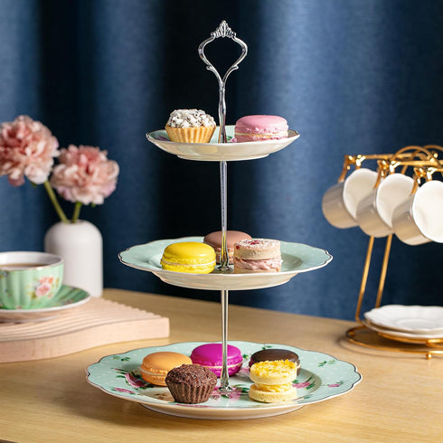 3-Tier BTaT- Porcelain Dessert Tower, Green Afternoon Tea Stand, Sandwich & Plate Stand