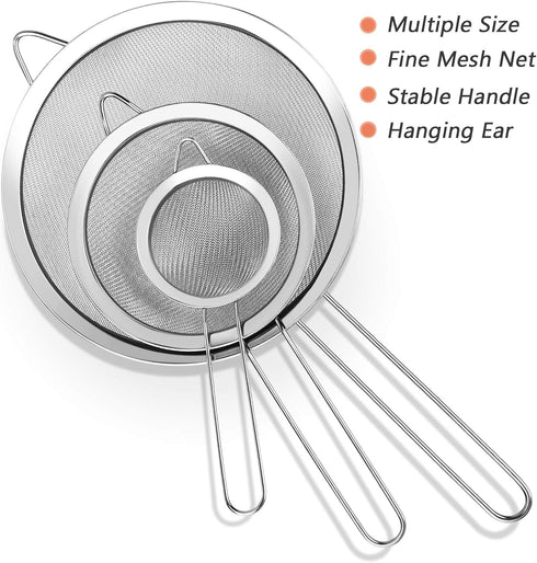 3Pcs Extra Fine Mesh Strainer Set with Handle - Small, Medium, Large Stainless Steel Sieve for Kitchen Baking