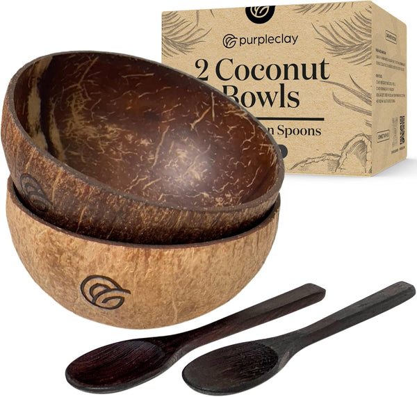 Coconut Bowls and Wooden Spoons Set of 2, Natural Hand-Crafted Vegan-Friendly Kitchen Utensils for Salad