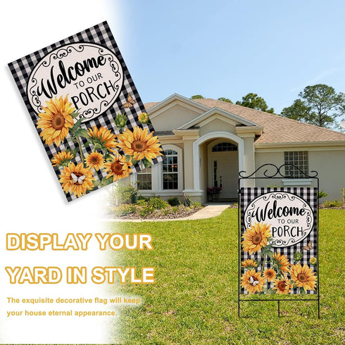 Welcome to Our Porch Spring Summer Sunflower House Flag, Black White Buffalo Plaid Check Yard Decoration, 28 x 40