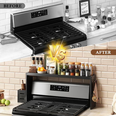BSTSLL 31in 6 Bamboo Over the Stove Shelf - Durable Stove Shelf for Back of Stove with Non-Slip EVA Liner, Hooks
