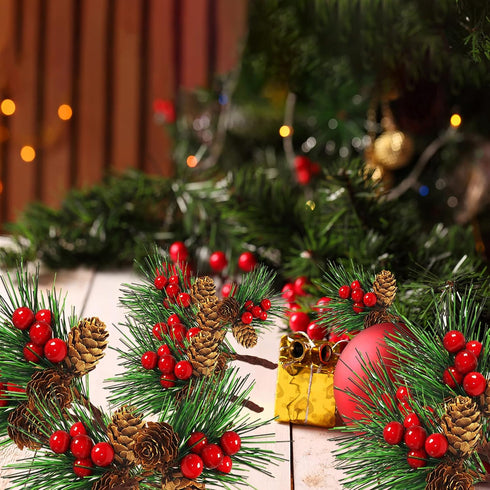 QLINLEAF 12 Christmas Red Berry Stem Floral Pine Cone Artificial Branch Evergreen Decoration - Pieces for DIY Holiday