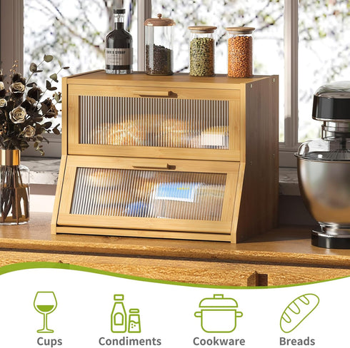 Counter BMOSU Large Bread Box Double Layer Bamboo Bread Box for Kitchen Container Farmhouse Bread Holder Capacity Bread
