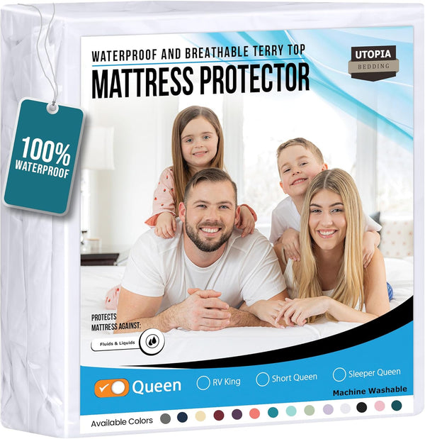 Utopia Bedding Waterproof Mattress Protector, Queen Size, Terry Cover 200 GSM, Fitted Style, White