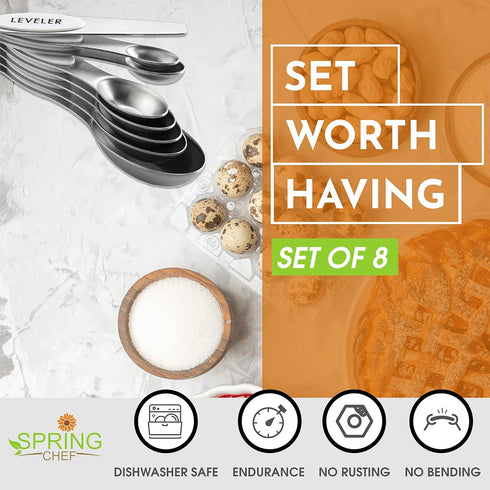 Spring Chef White Stainless Steel Magnetic Measuring Spoons Set of 8, Kitchen Gadgets for Baking
