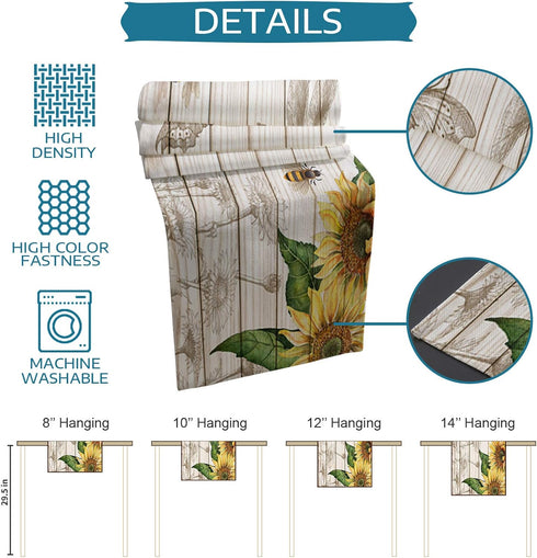 Summer Table Runner - Sunflower with Bees Wood Background, 13"X90" Farmhouse Style for Dining Room, Kitchen, Holiday