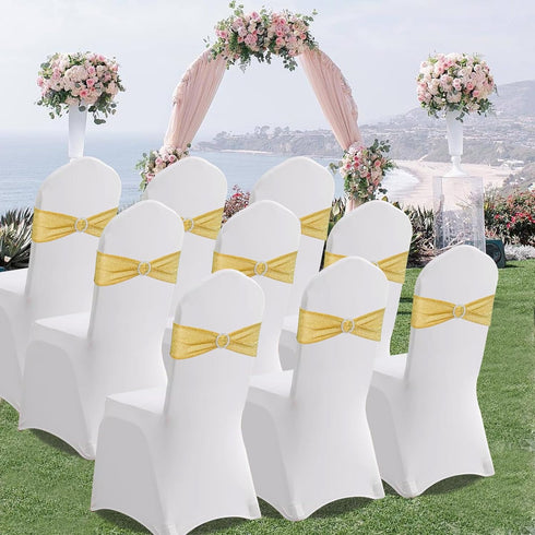 Eternal Beauty Set of 10 Gold Chair Sashes, Glitter Spandex Chair Bands for Folding Chairs Wedding