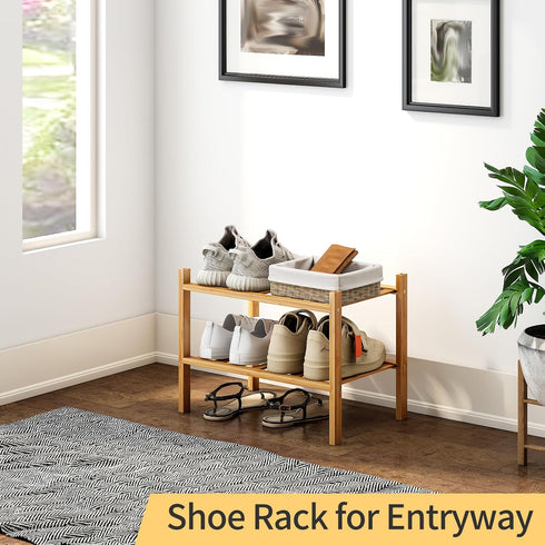 Furshus 2-Tier Closet, Small Shoe Rack, Bamboo Stackable Shoe Shelf Storage Organizer, Shoe Stand for Entryway