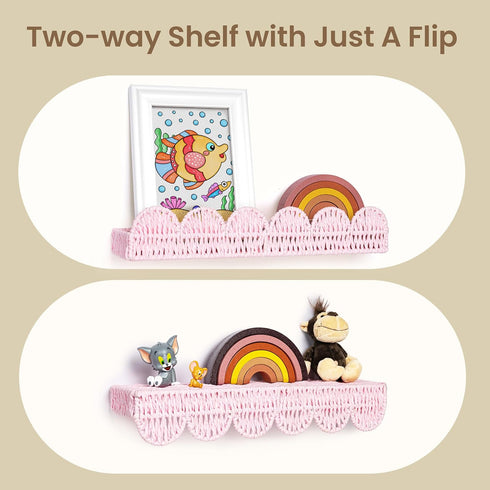 Set 3, AELS Scalloped Nursery Bookshelf, of Picture Ledge Shelf for Wall Decor, Woven Natural Fibre Floating Shelves