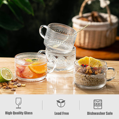 wookgreat Set 6, 14 oz 6 Vintage Glass Coffee Mugs of Tea Cups With Handle, Clear Embossed Glassware, Spoons