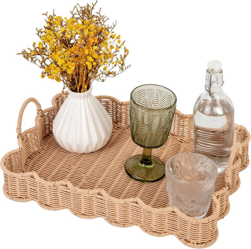 GRANNY SAYS Scalloped Edge Rectangle Wicker Serving Tray, Coffee Table Tray, Serving