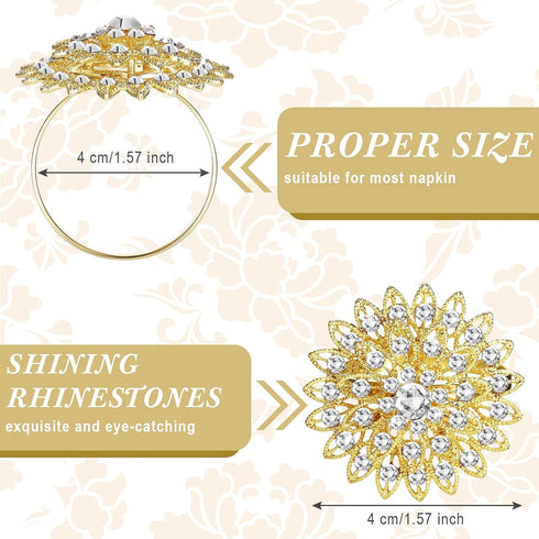 Geiserailie 6 Pcs Gold Flower Napkin Rings, Alloy Floral Crystal Rhinestone Holders for Wedding, Holiday Table