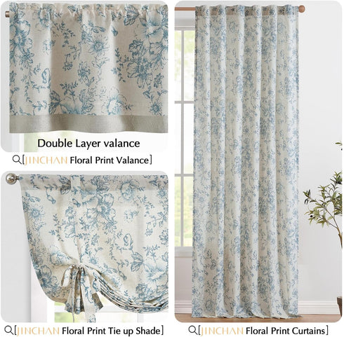 jinchan Linen Floral Valance, Double Layer Kitchen Window Curtain with Blue Flower on Beige (16 Inch)
