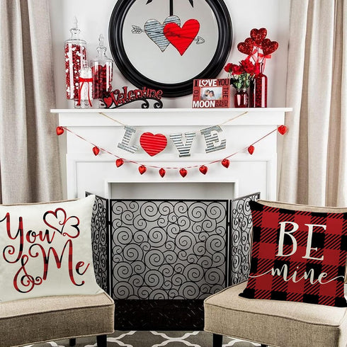 Ueerdand Set of 4 Valentines Day Pillow Covers, 20x20 inch Red Black Buffalo Check Decorative Cushion Cases