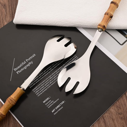 Serving Spoon and Fork Set, 304 Stainless Steel Utensils with Natural Bamboo Handle, 10" Long